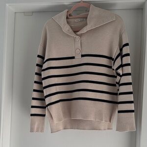 Elegant Cream and Black Striped Women's Turtleneck Sweater